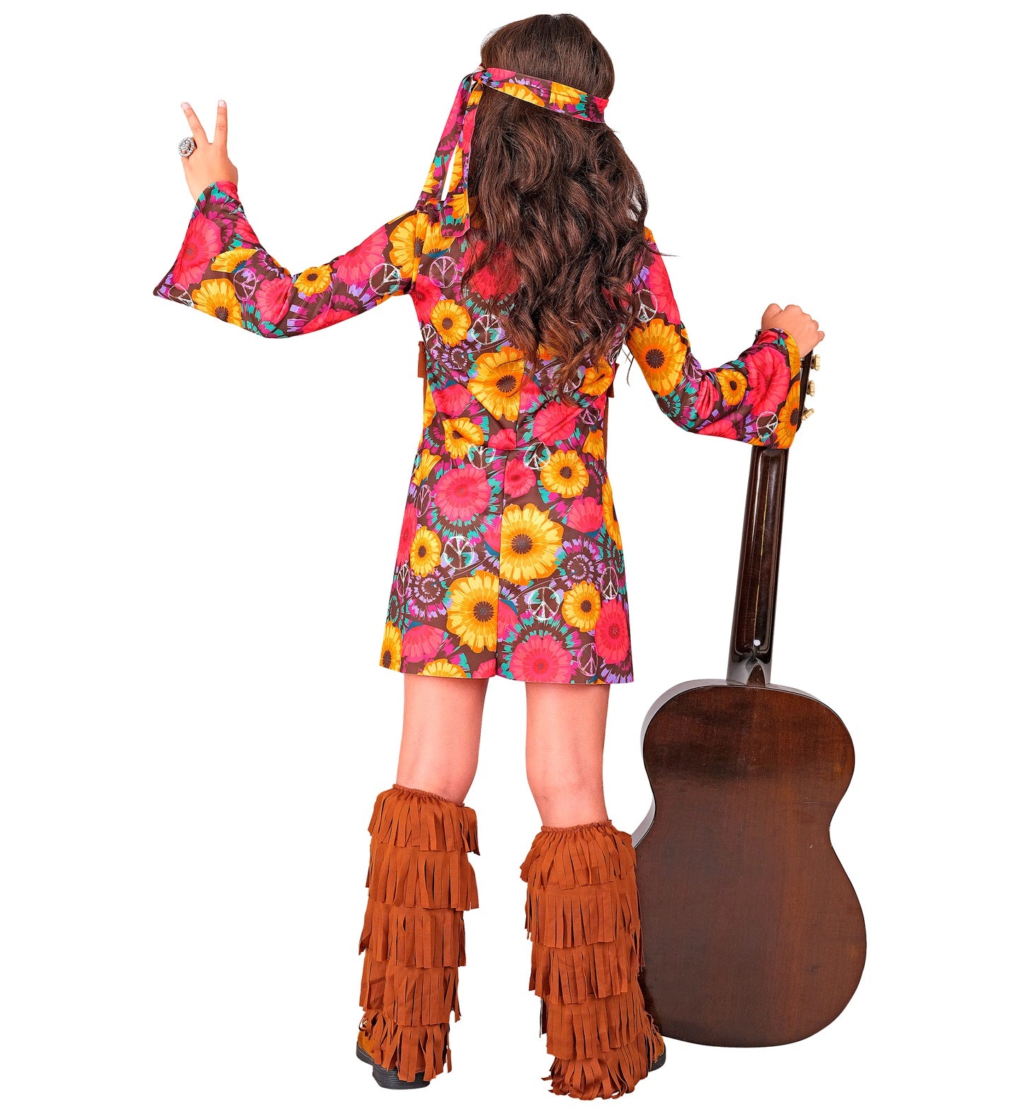 The back of the girls' hippie costume showing the vibrant floral print and long bell sleeves.