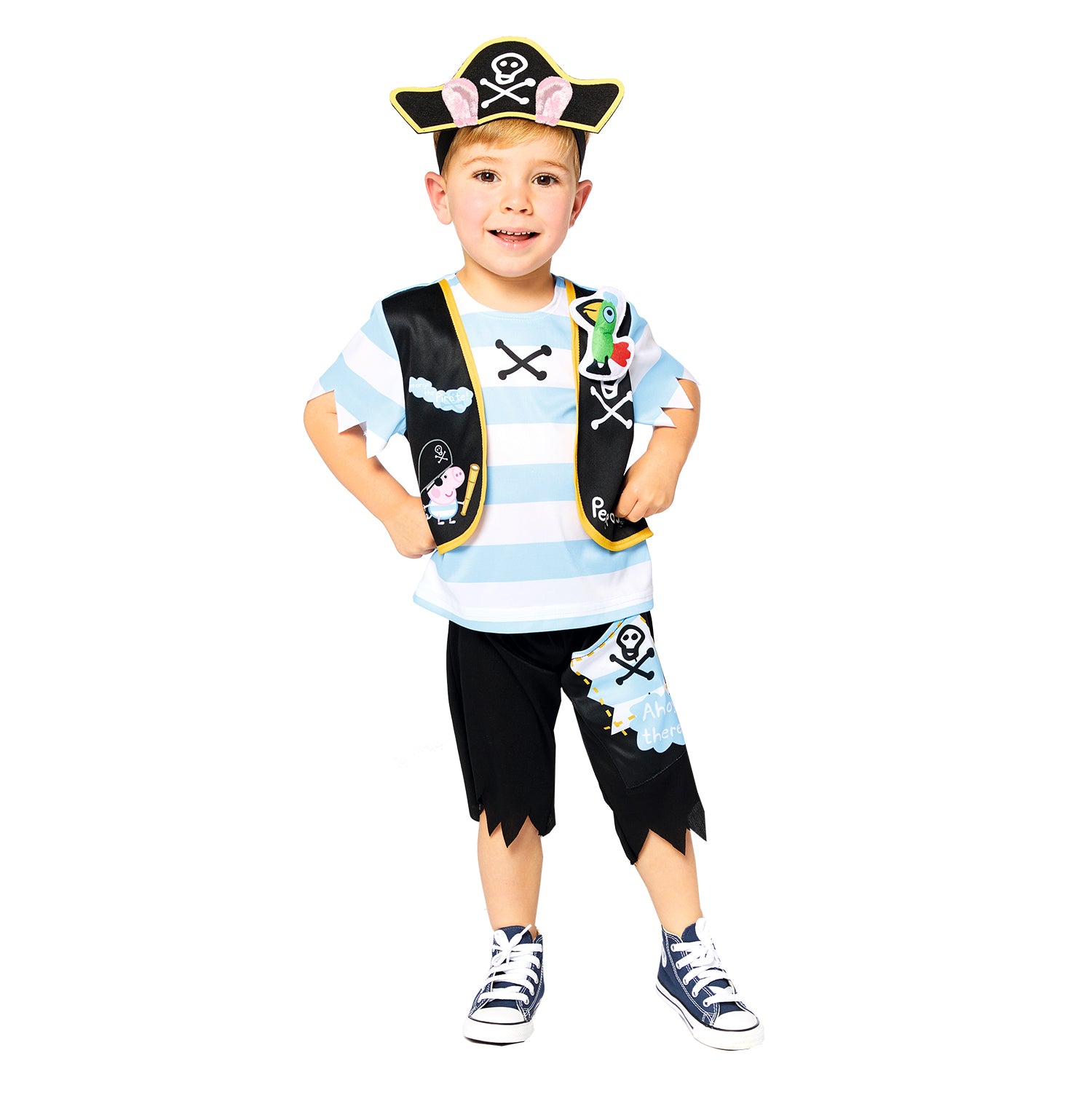 A child in a Peppa Pig "George the Pirate" costume, consisting of a blue and white striped top with a black waistcoat, black pirate trousers, a pirate hat with pig ears, and a 3D parrot accessory on the shoulder, smiling and posing against a white background.