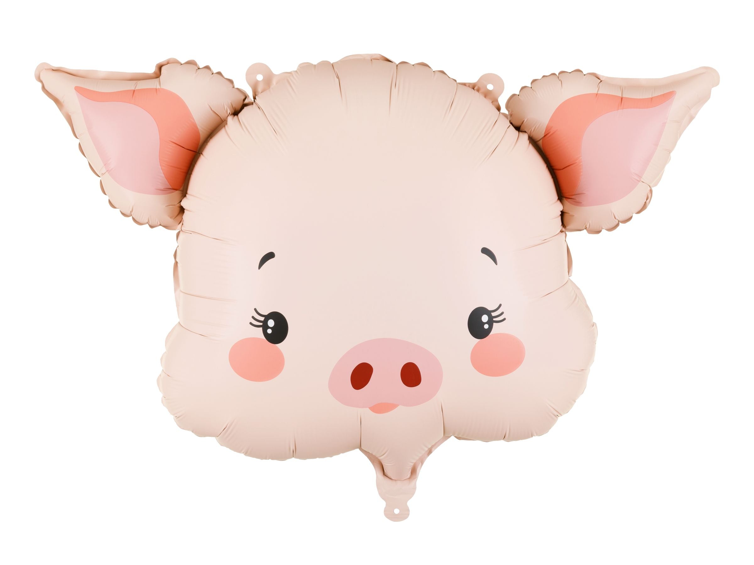 A shaped foil balloon of a sweet pig face in pastel pink with blushing cheeks and floppy ears, isolated against a white background.