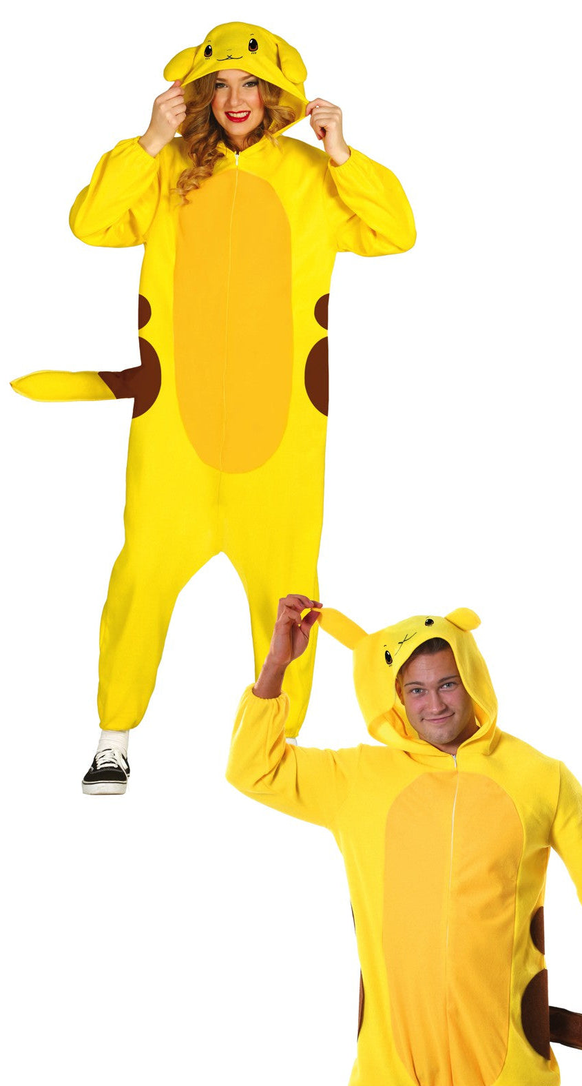 A split image showing a female and a male model both wearing a relaxed-fit, bright yellow electric chinchilla fancy dress onesie, featuring a lighter yellow belly panel, brown side spots, a padded yellow tail, and an attached hood with a cute animal face and floppy ears.