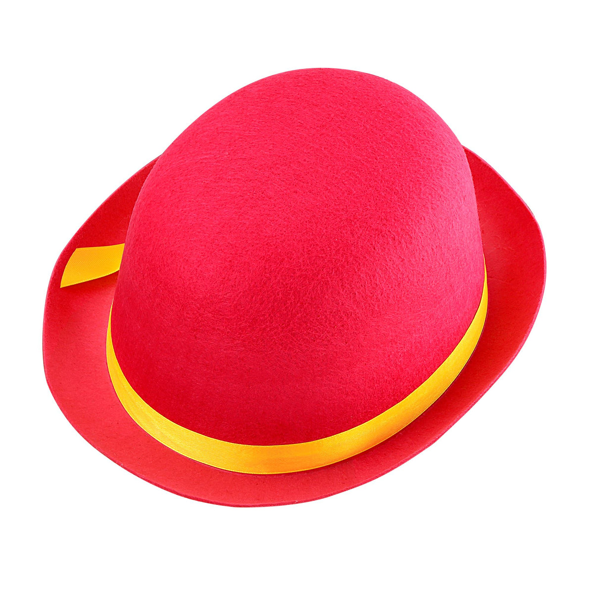 A bright red felt bowler-style hat with a yellow ribbon band around the crown, shown on a plain white background.