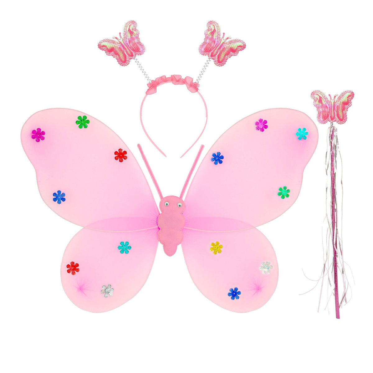 Pink butterfly costume accessory set on a white background, including a large translucent butterfly wing piece with colorful flower sequins, a pink headband with butterfly headbands, and a wand with a butterfly topper.