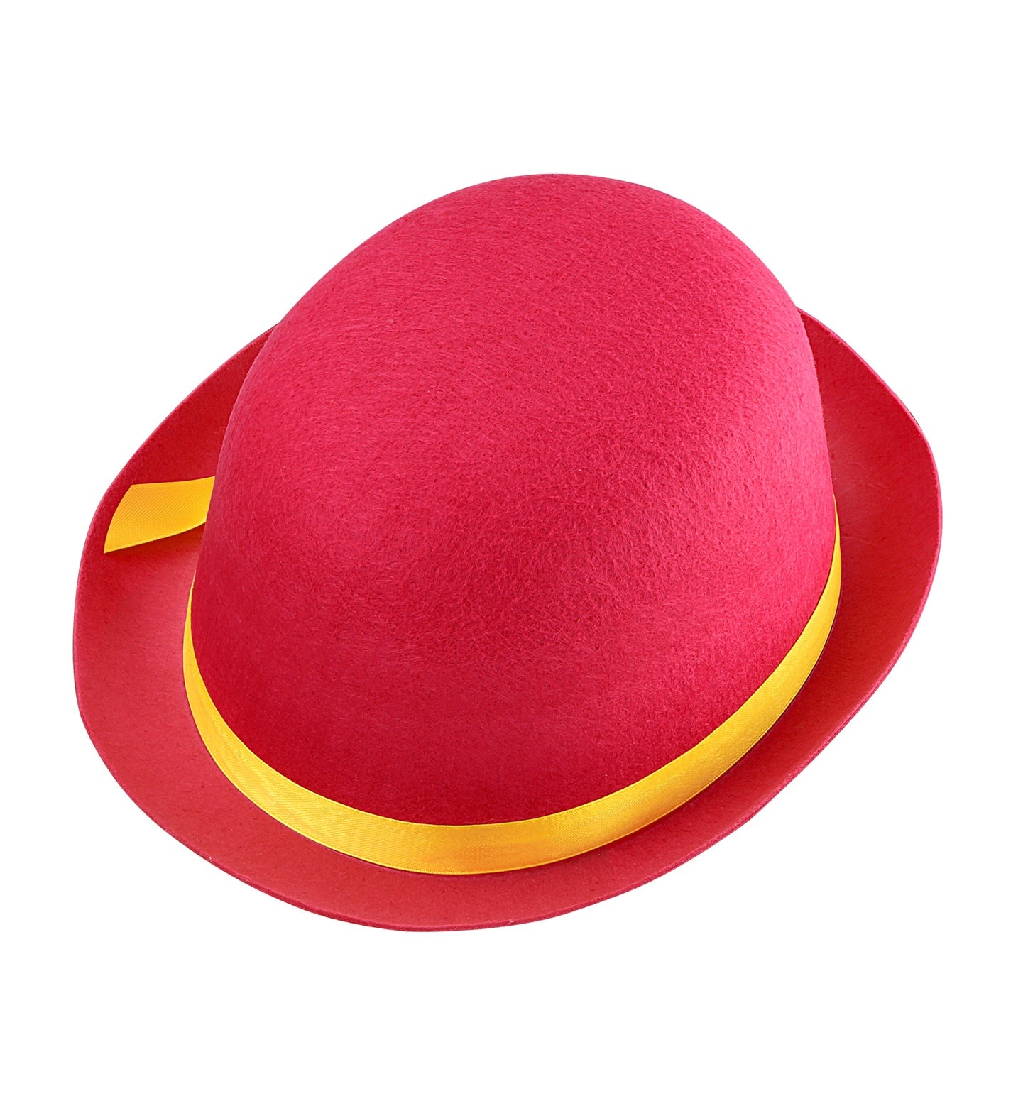 Detailed view of a pink felt bowler hat for children highlighting the yellow ribbon accent.