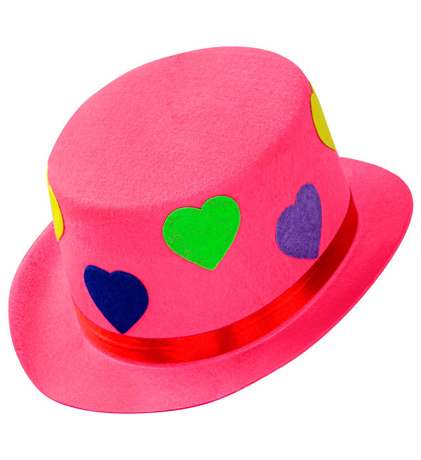 Pink Felt Top Hat With Hearts