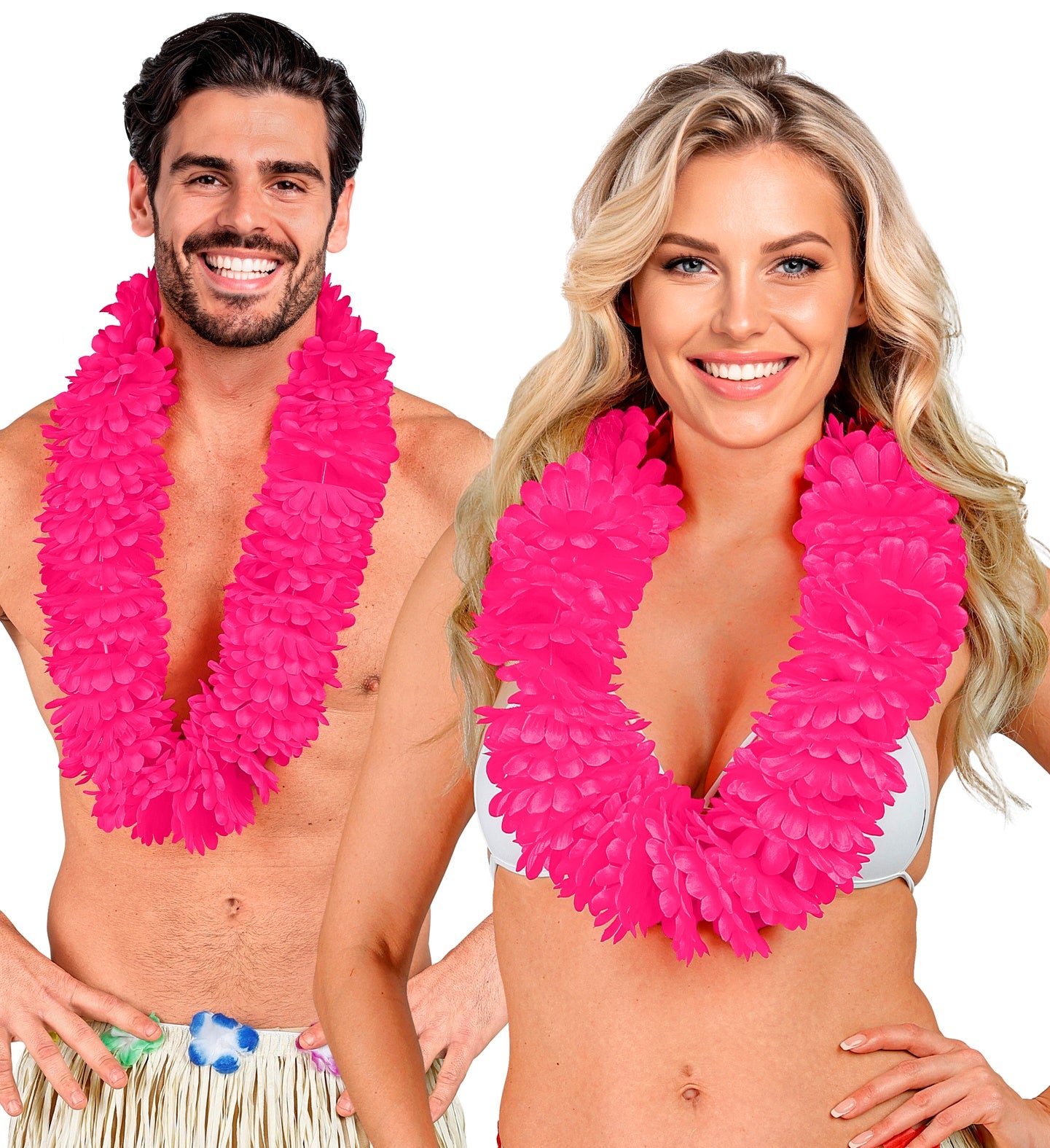 A smiling man and woman, one wearing a hula skirt and the other a white top, both adorned with a vibrant hot pink Hawaiian lei around their necks, against a plain white background.