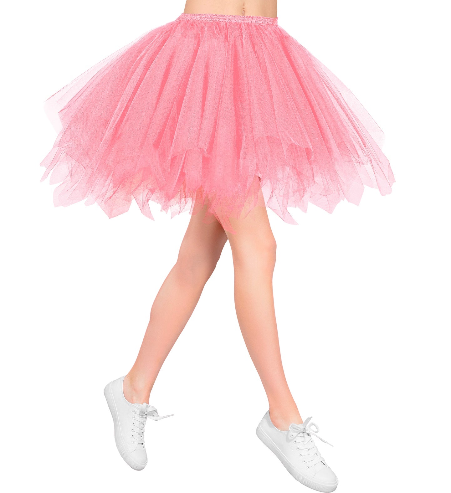 Woman's legs wearing a short, fluffy pink tutu skirt with white trainers.