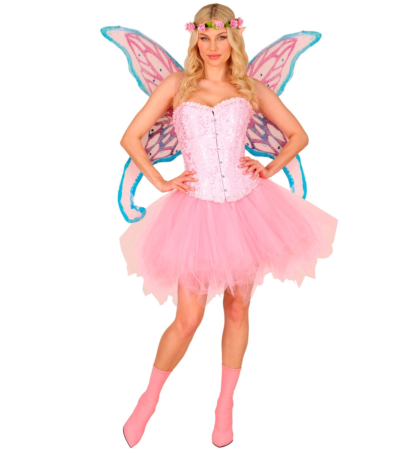 Woman in a full fairy costume, including a pink corset, wings, flower crown, and the pink layered tutu skirt.