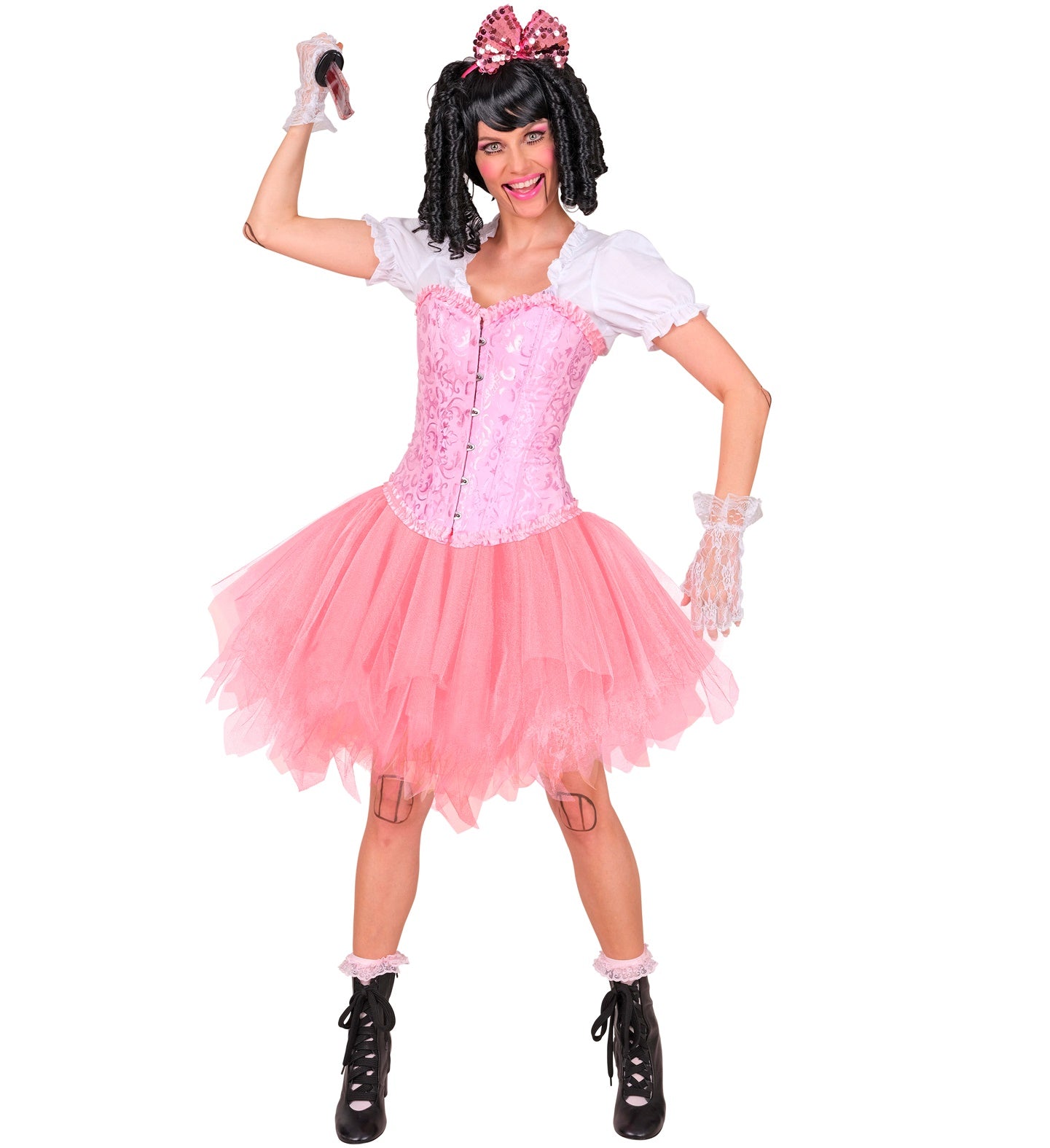 Woman in a doll costume, featuring a pink corset, black wig, and the pink layered tutu skirt.