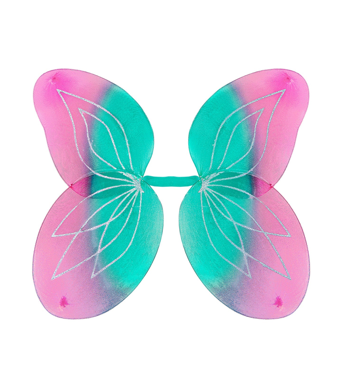 A flat lay display of bright pink and azure blue fancy dress fairy wings measuring 58 by 46 centimeters, featuring sparkling silver glitter vein patterns.