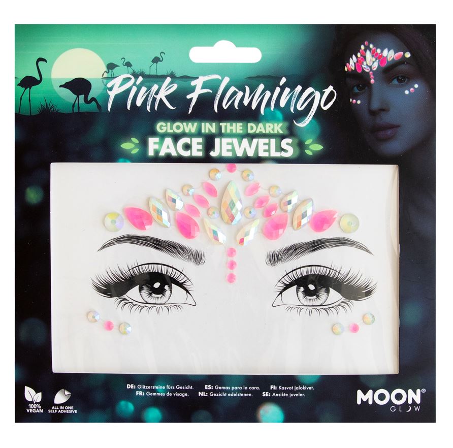 The product packaging for "Pink Flamingo Glow in the Dark Face Jewels" showing the clear plastic pack with the jewels laid out on a paper backing depicting eyes, against a dark background with flamingo silhouettes and a glow effect.