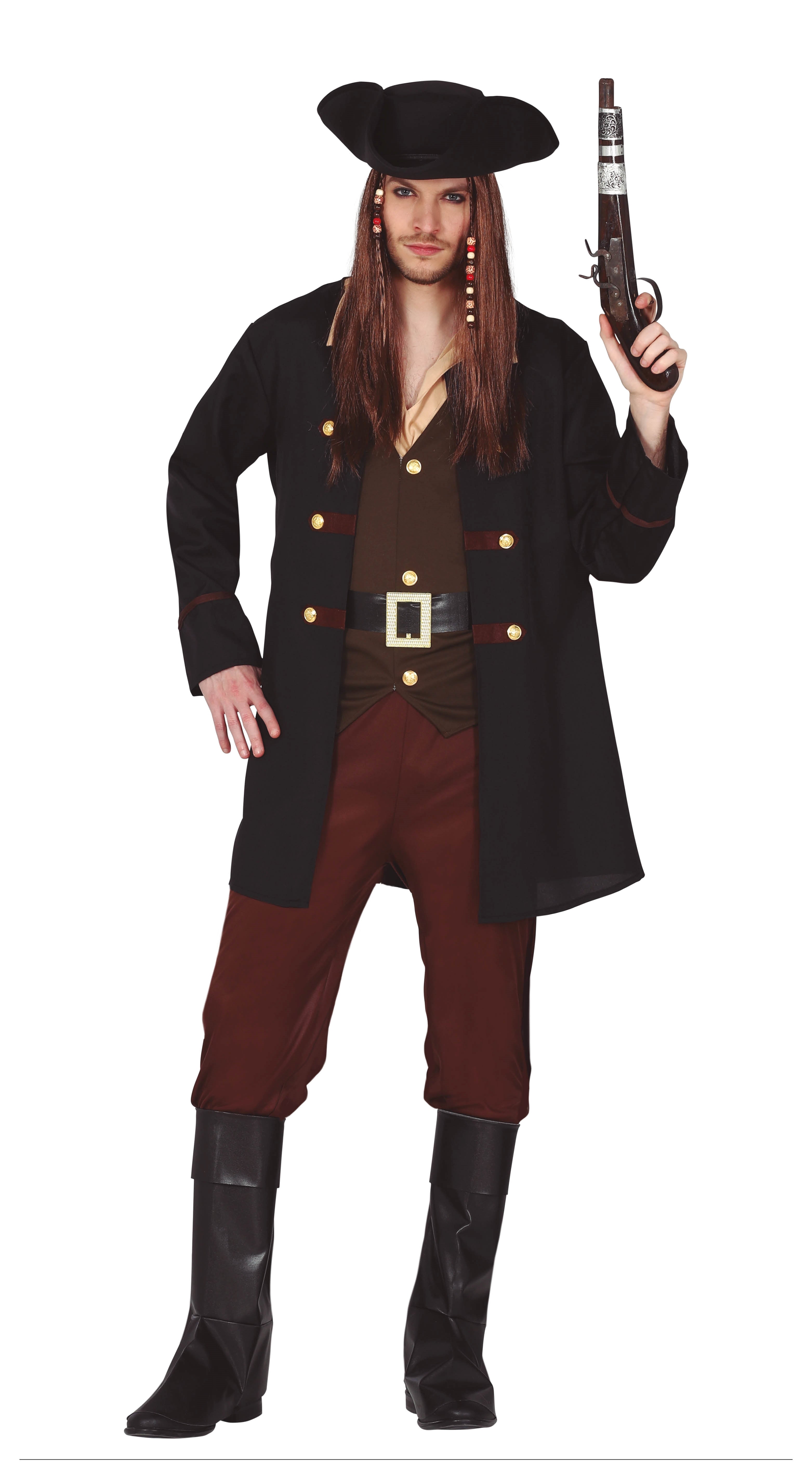 A male model wearing a classic men's pirate captain fancy dress costume, featuring a black tricorn hat, black overcoat with gold buttons, brown waistcoat and trousers, and black boot covers, posing with a toy flintlock pistol.