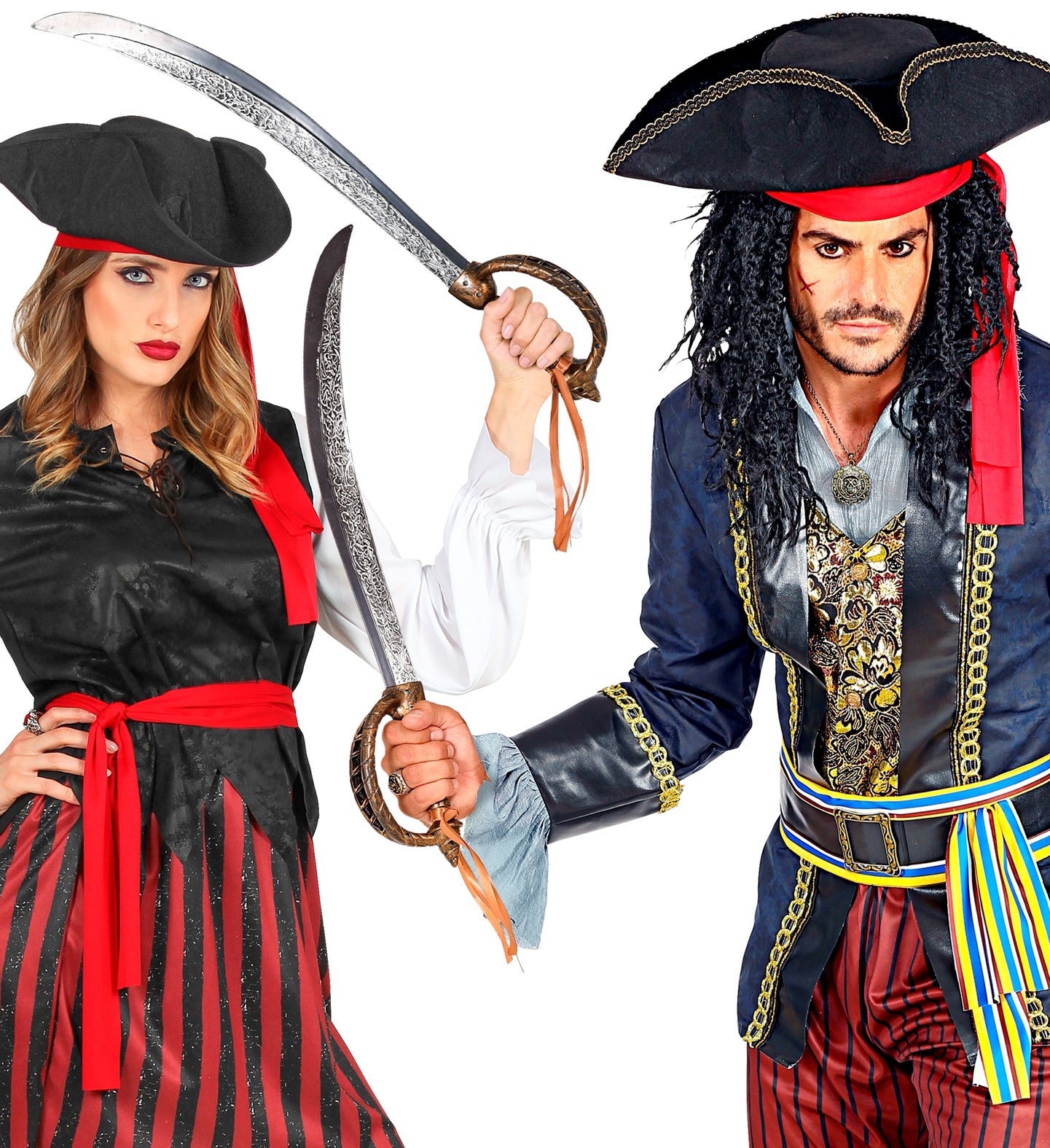 A man and a woman dressed as pirates, both holding the ornate pirate cutlass sword prop.