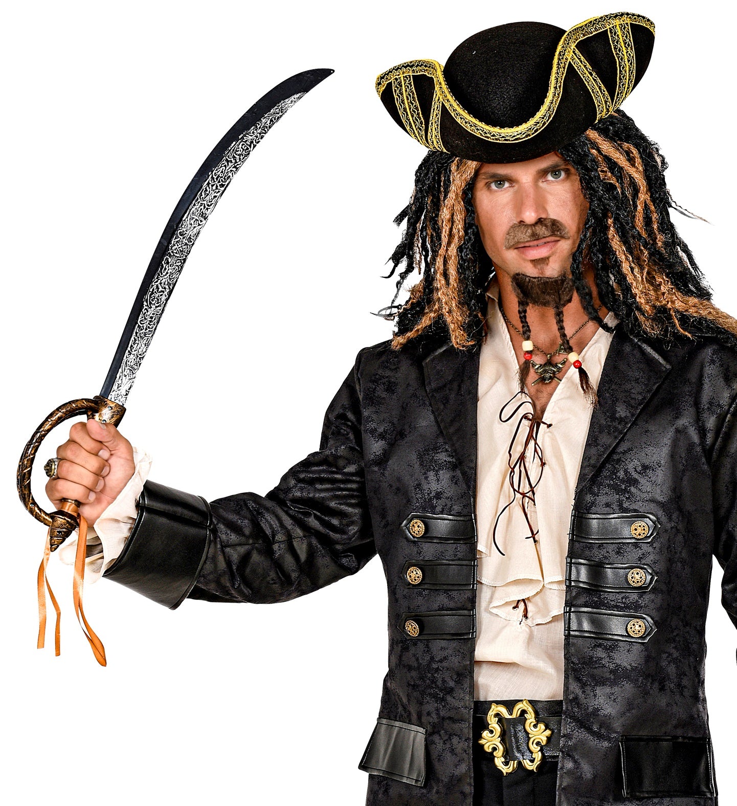 A man in a detailed pirate captain costume raising the 70cm cutlass sword prop.