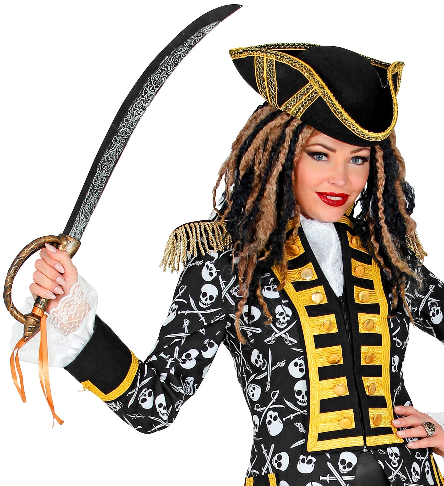 A woman in a stylish pirate costume holding the ornate cutlass sword prop.