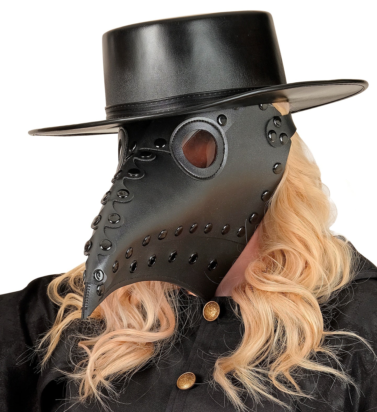 A side-profile view of a blonde model wearing a long-beaked black faux leather plague doctor mask with glossy studs and a black leather top hat.