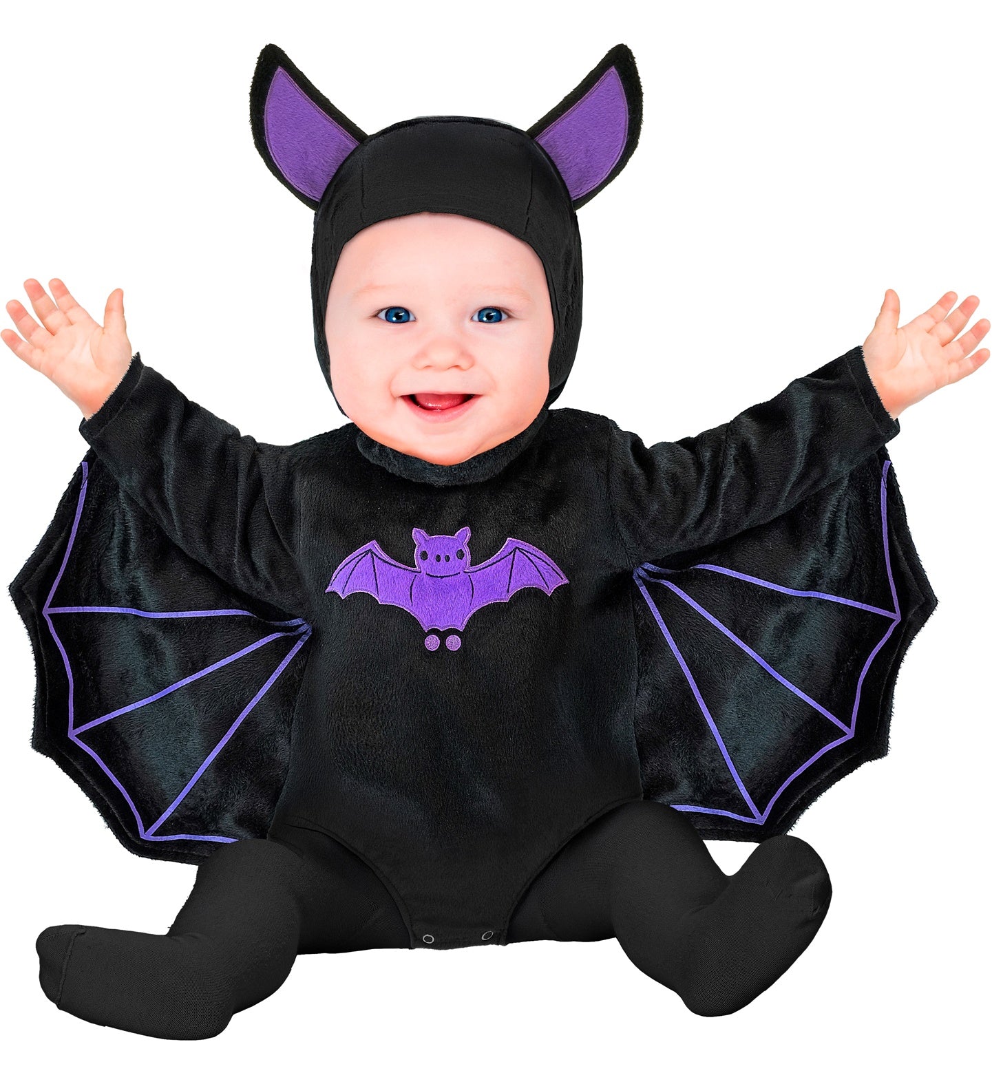A smiling child in a black plush jumpsuit with attached purple-lined bat wings and a matching headpiece with ears, sitting and posing against a white background.