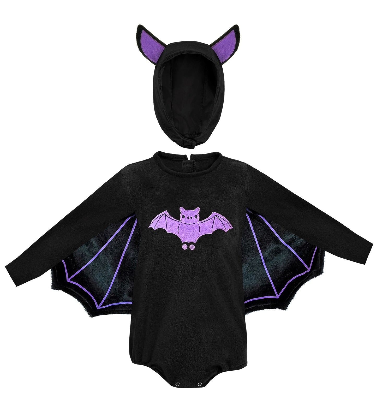 The black plush jumpsuit and separate hooded headpiece with purple-lined bat wings and embroidered bat design, laid flat against a white background.