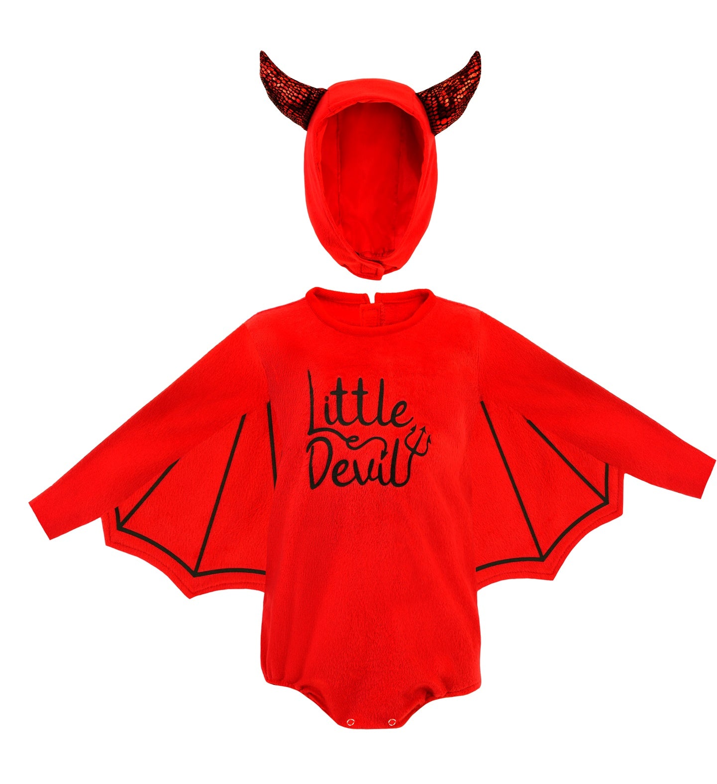 The red plush jumpsuit and separate hooded headpiece with horns for the little devil costume, laid flat and shown from the front against a white background.