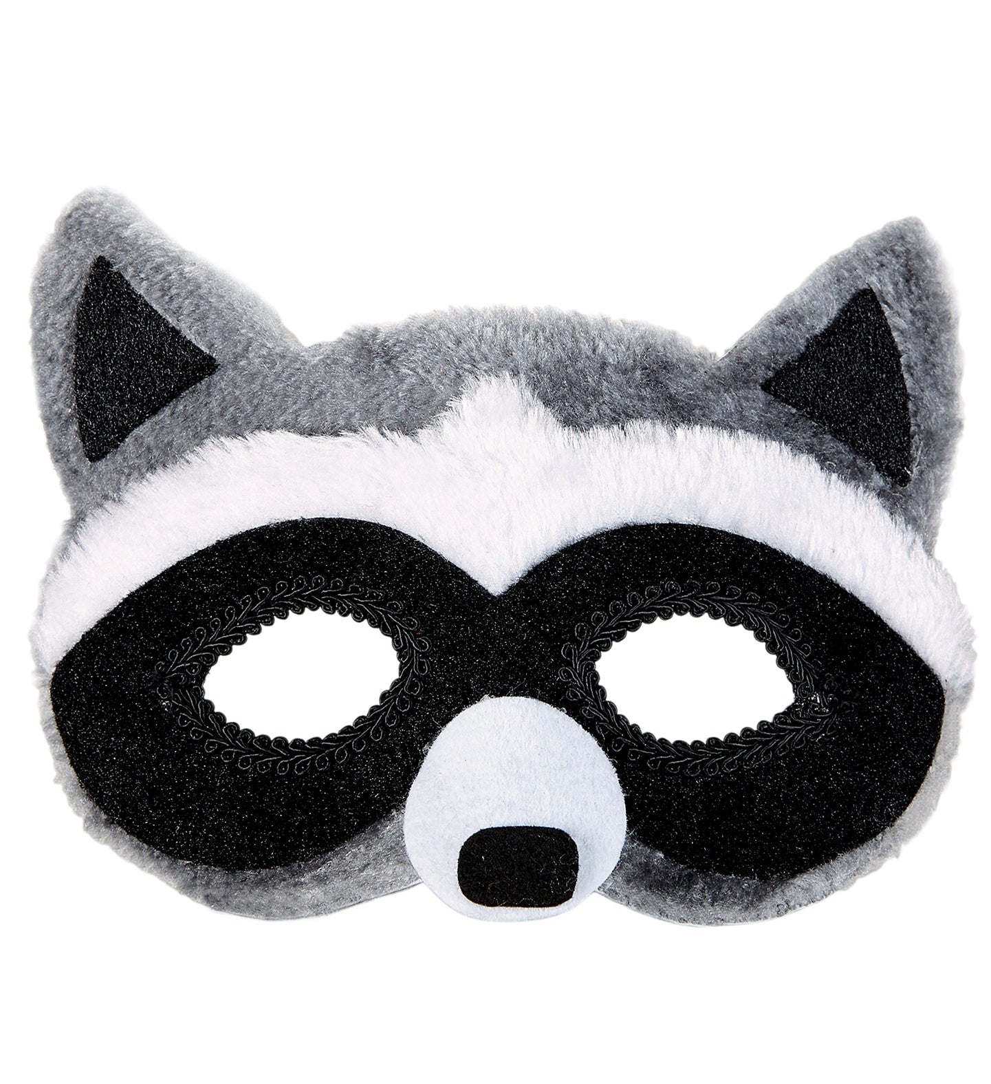 Soft plush raccoon eyemask featuring grey and white fur, black bandit eye patches, and pointed ears.