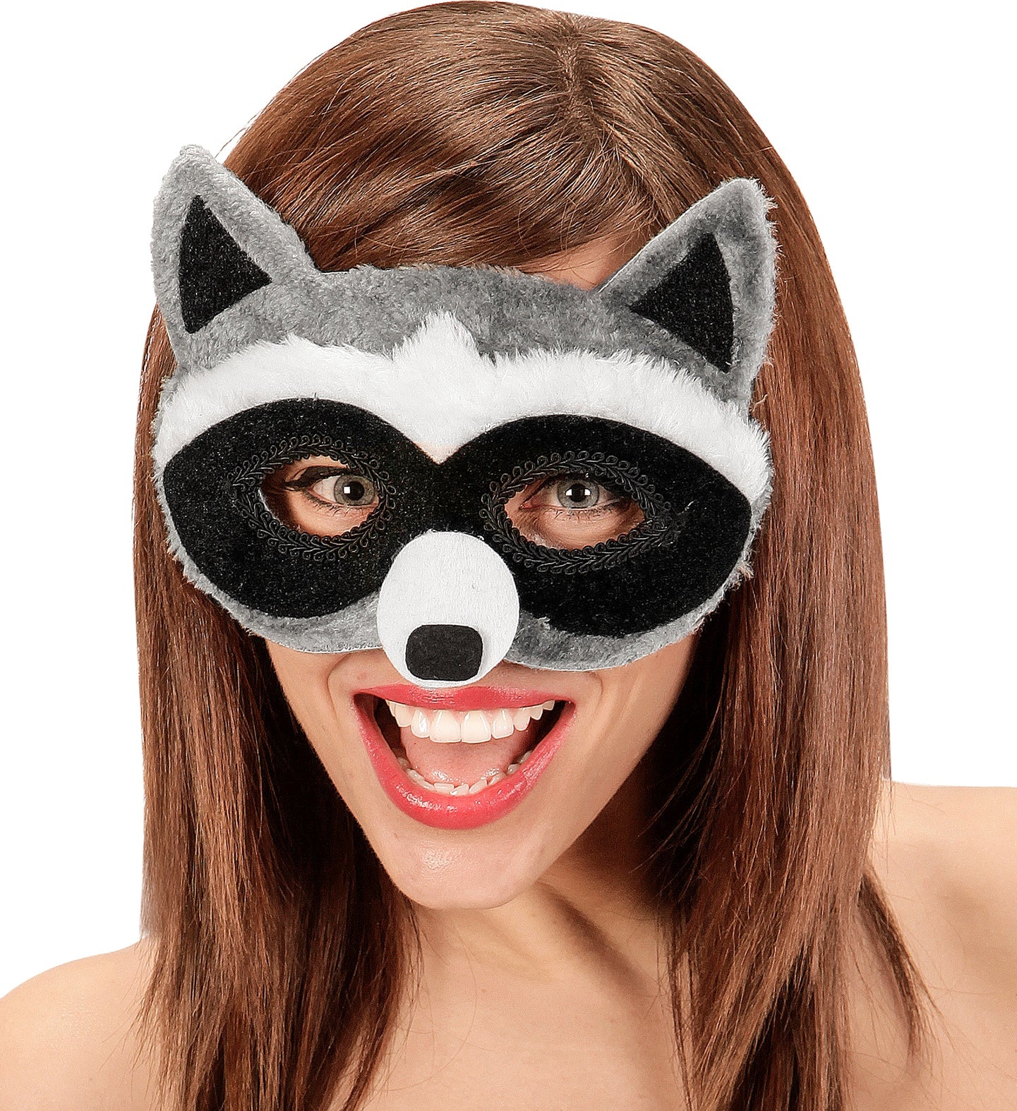 Woman wearing a fuzzy raccoon eyemask, showing the comfortable fit and adorable animal features.