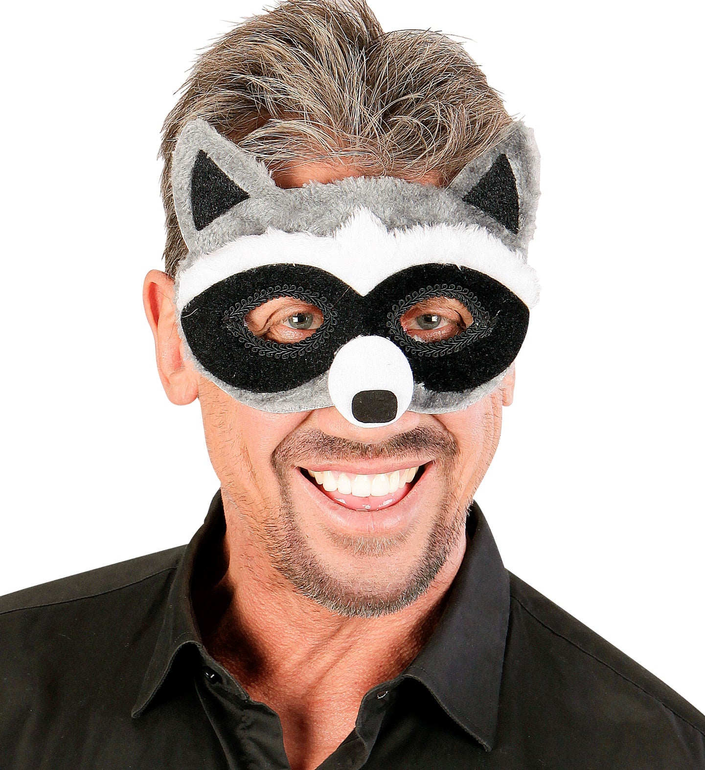 Man modelling the plush raccoon mask, highlighting its versatile unisex design for adult costumes.