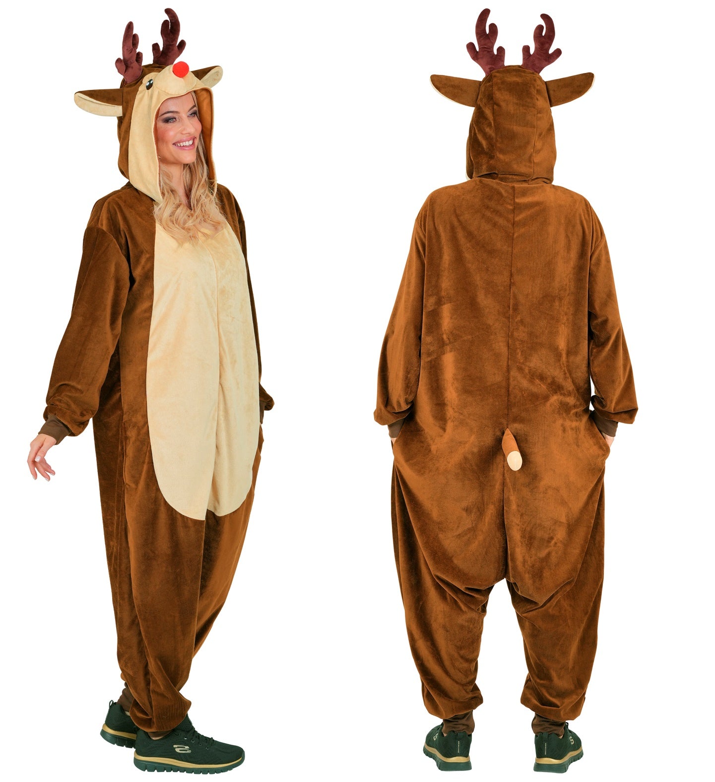 Side and back view of a woman wearing the plush brown reindeer onesie, showing the attached tail.