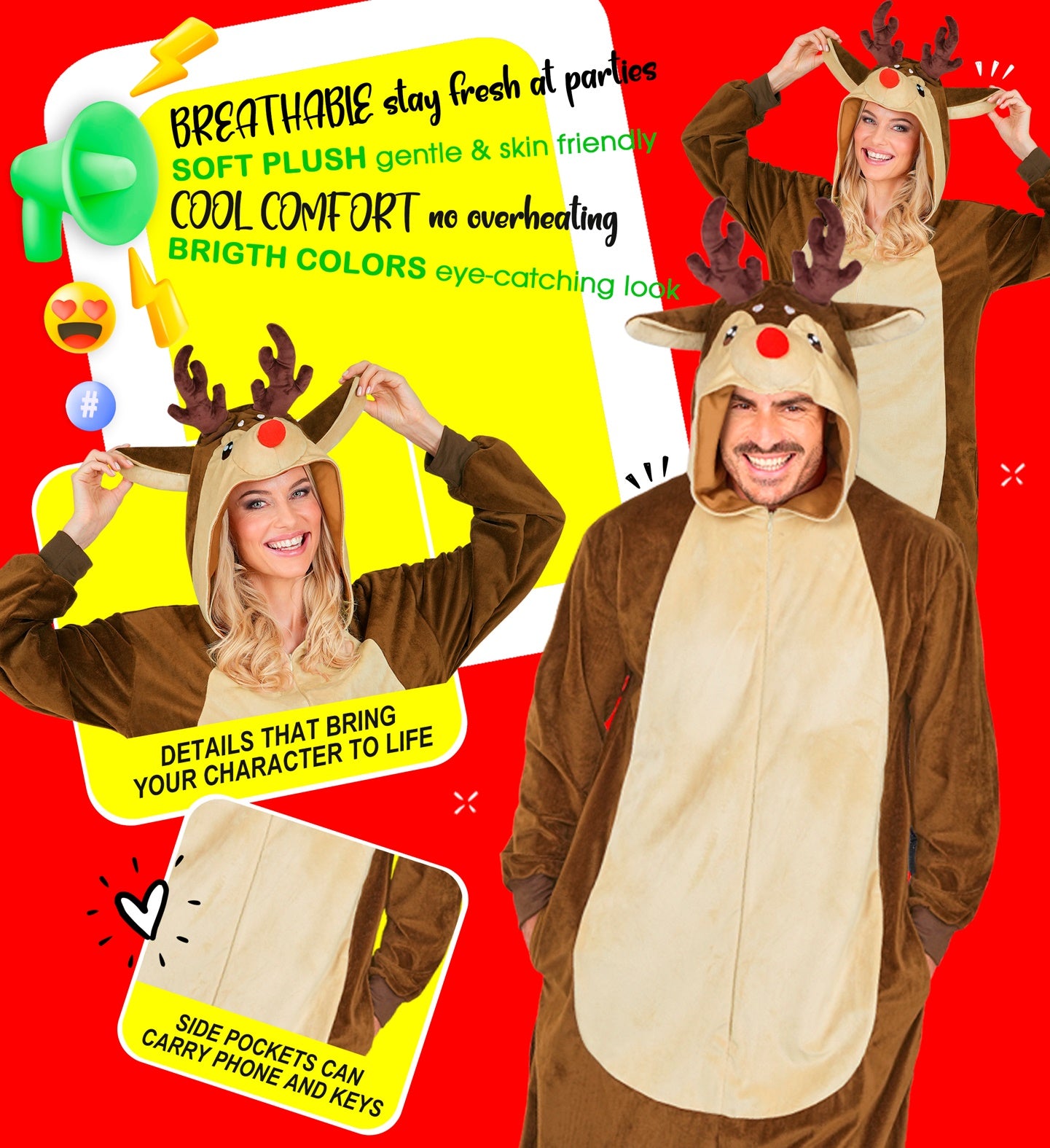 People wearing reindeer costumes with promotional text on a red and yellow background