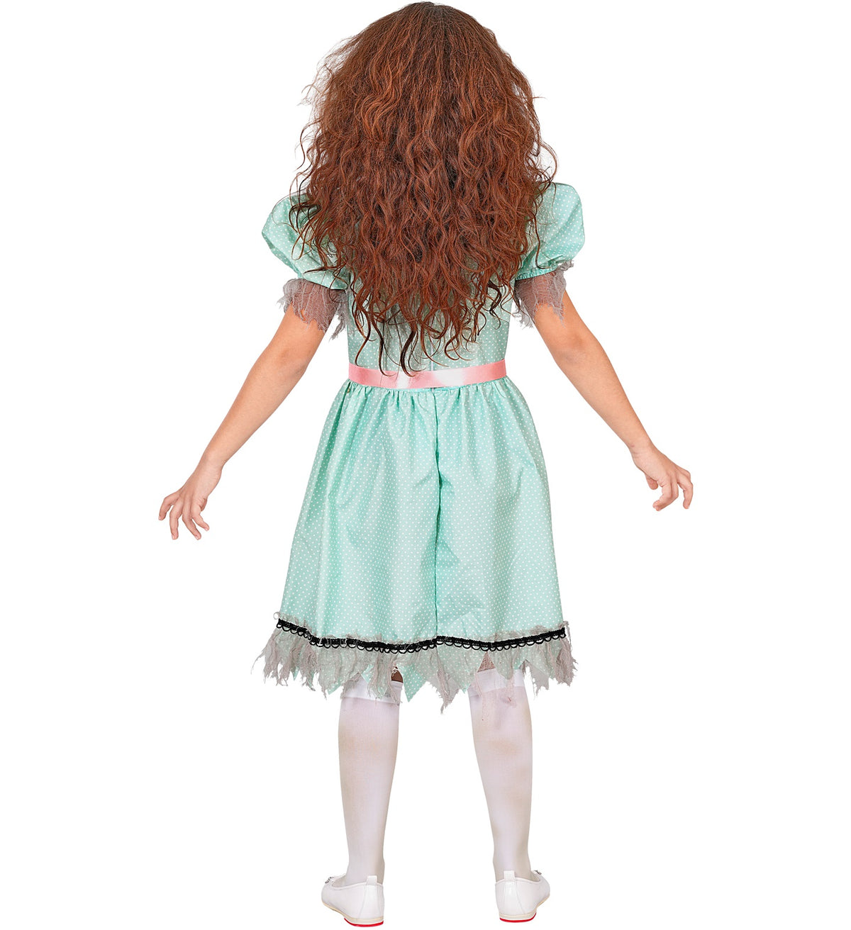 Back view of a girl wearing a possessed fancy dress costume, showing the back of the green polka dot dress, pink ribbon belt, and messy brown hair.