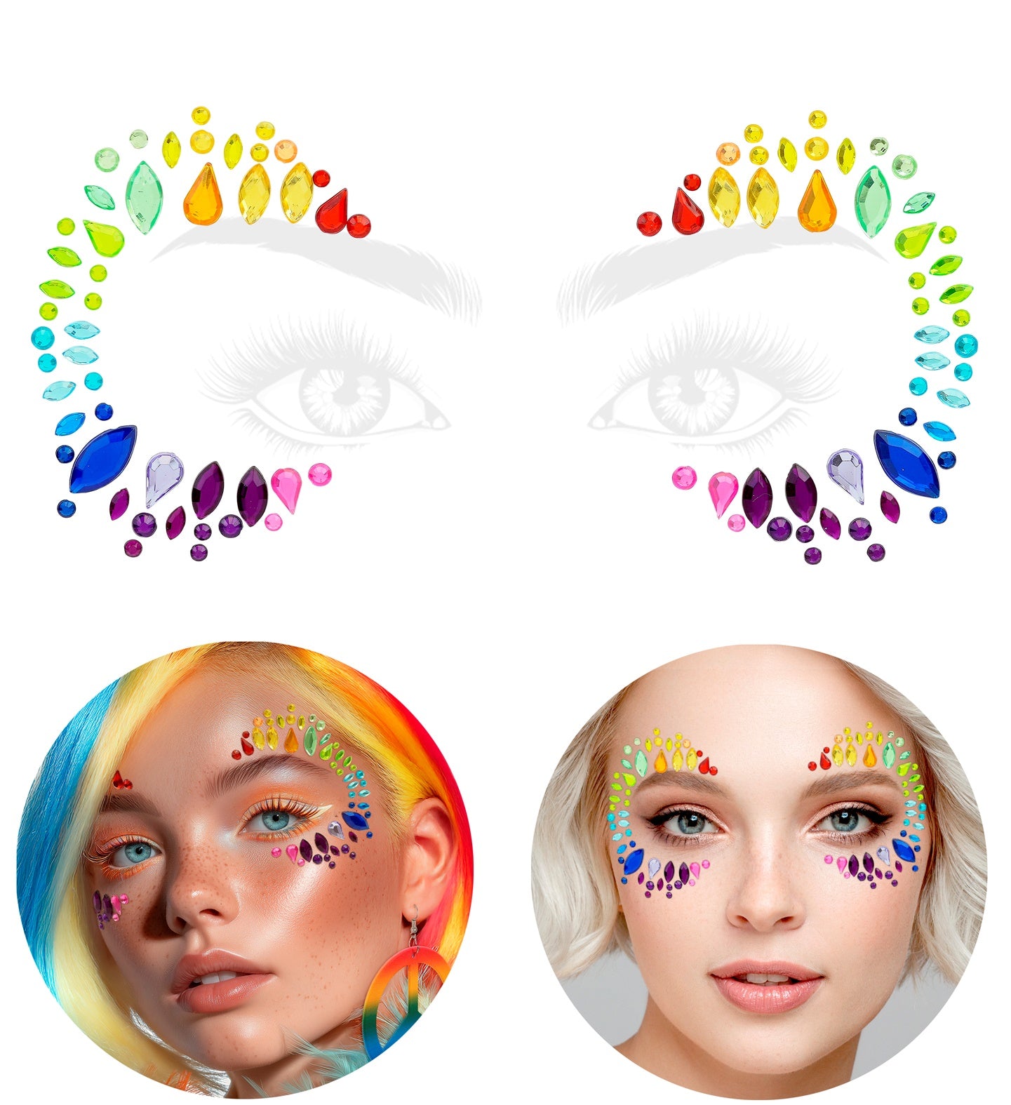 The full layout of the self-adhesive Pride Queen face jewel kit showing the symmetrical rainbow designs for both eyes.