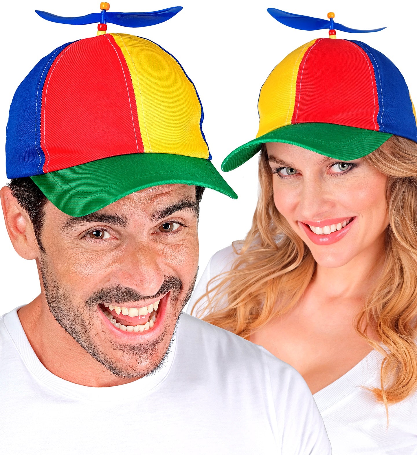 A split image showing man and woman, both wearing a vibrant, multicoloured baseball cap with a blue and white spinning propeller on top. The cap features red, yellow, and blue panels with a green brim.