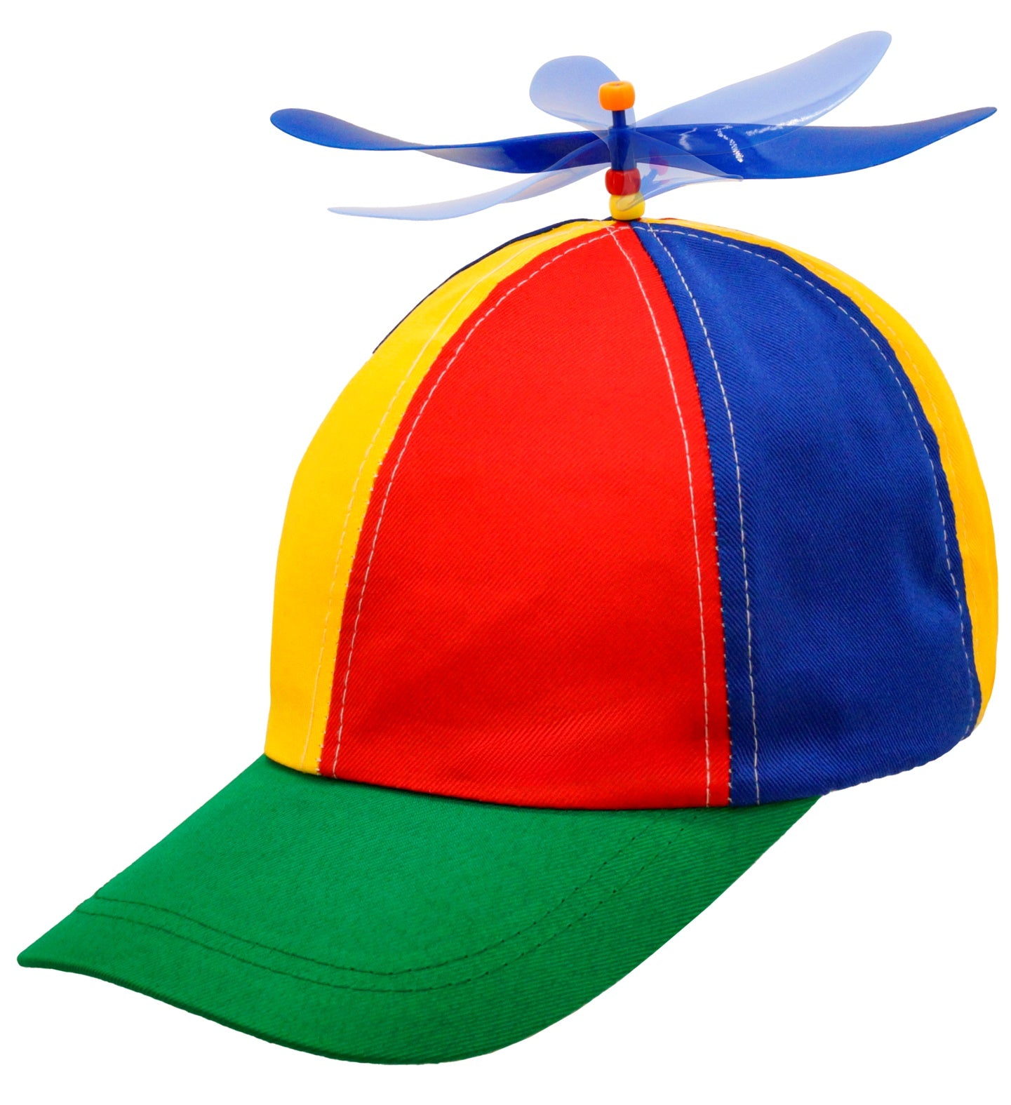 A single, brightly colored baseball cap with red, yellow, and blue panels, a green brim, and a blue and white spinning propeller attached to the top, isolated on a white background.