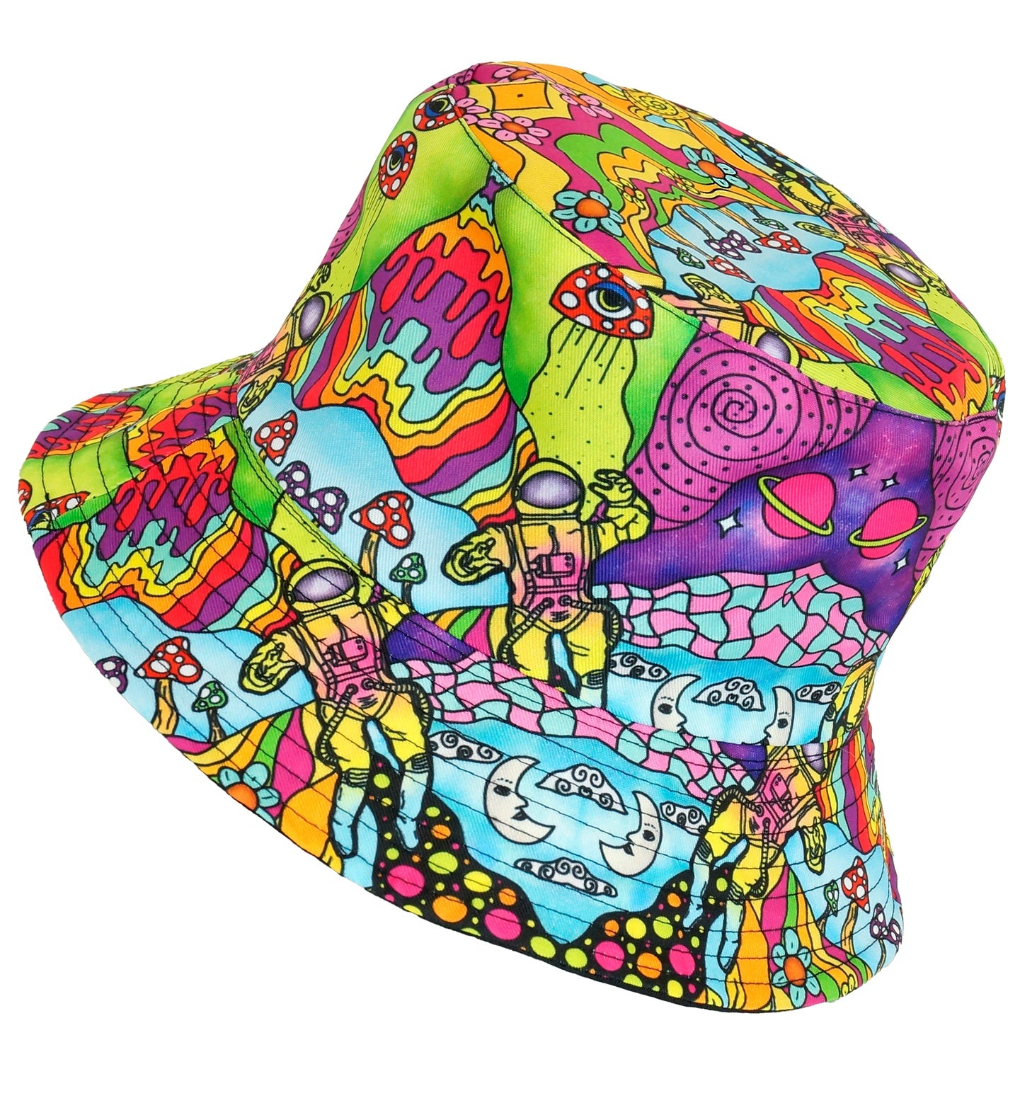 A colourful psychedelic bucket hat with a trippy print featuring astronauts, mushrooms, and planets.