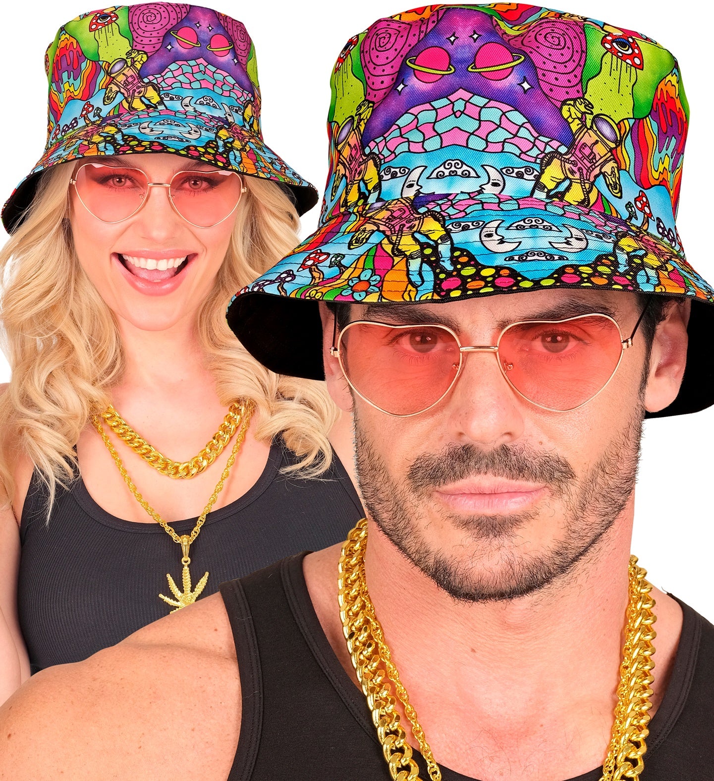 A man and a woman modeling the vibrant psychedelic bucket hat with sunglasses and gold chains.