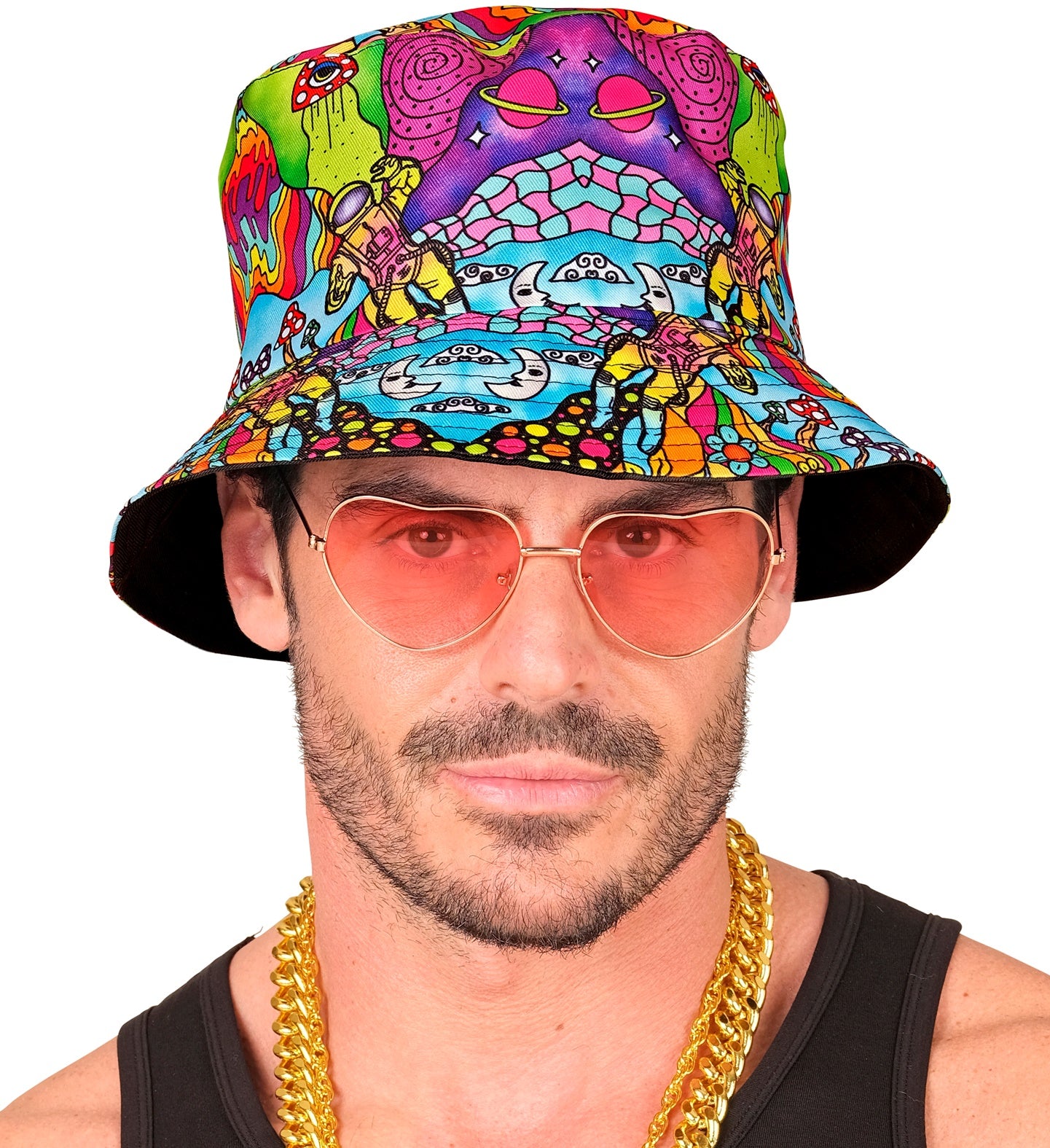 A man wearing the trippy psychedelic bucket hat and heart-shaped sunglasses, looking cool.