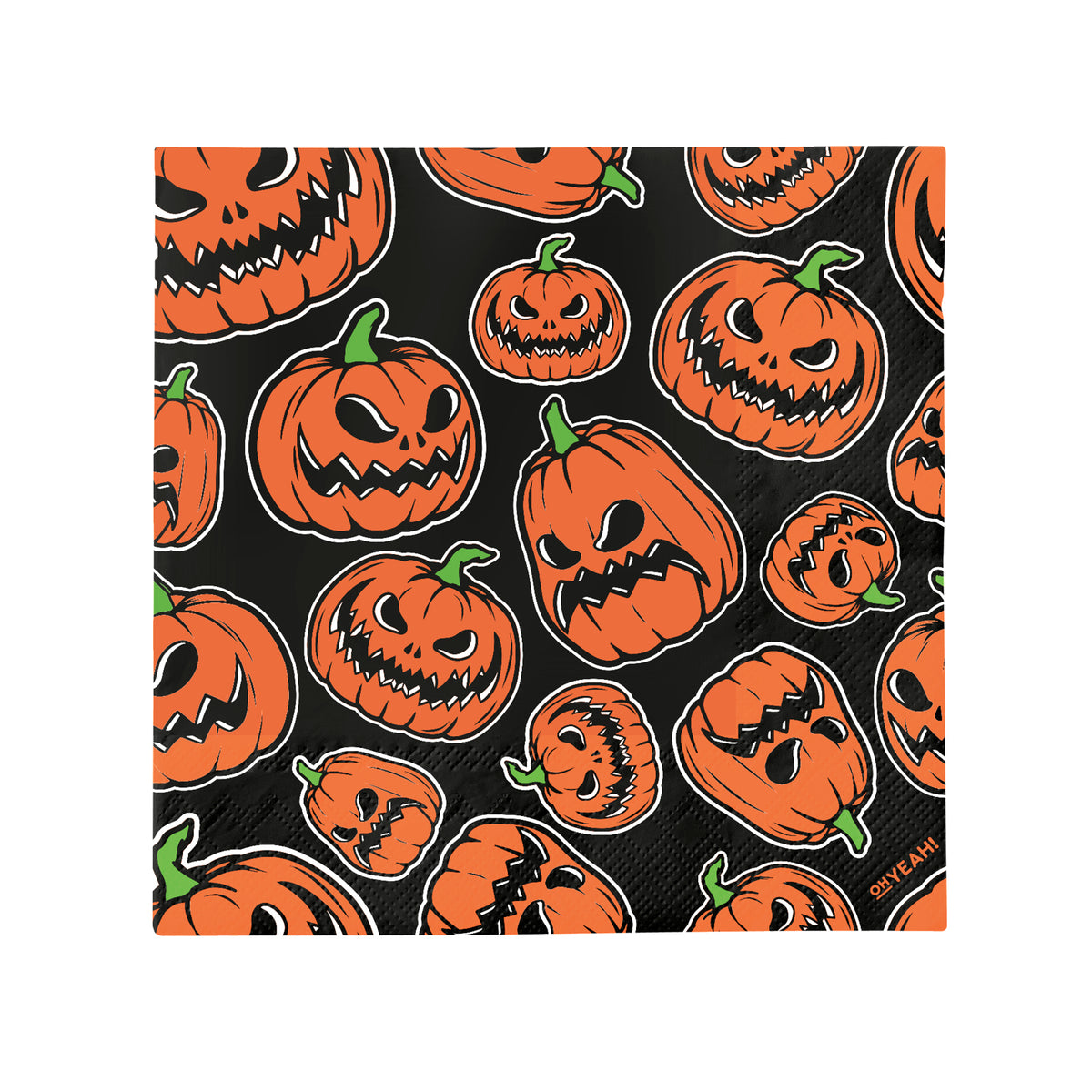 A square black paper napkin covered in a repeating pattern of bright orange carved pumpkins with menacing faces.