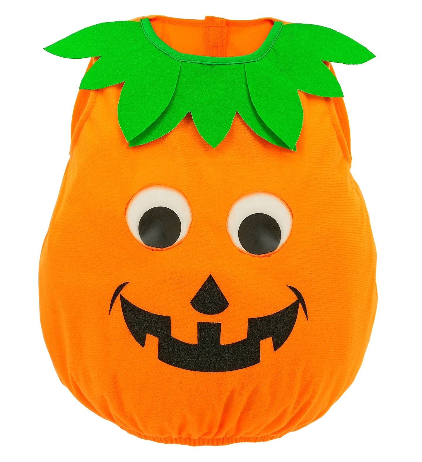 A close-up of the front of the orange pumpkin-shaped jumpsuit, showing the jack-o'-lantern face and the green felt collar with leaf shapes, isolated on a white background.