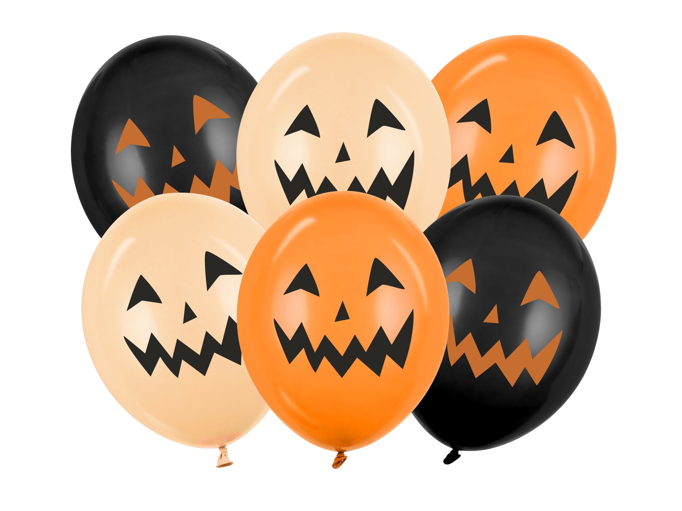 A pack of six assorted latex balloons for Halloween. The set includes black, orange, and light peach balloons, each with a printed jack-o'-lantern face, arranged together on a white background.