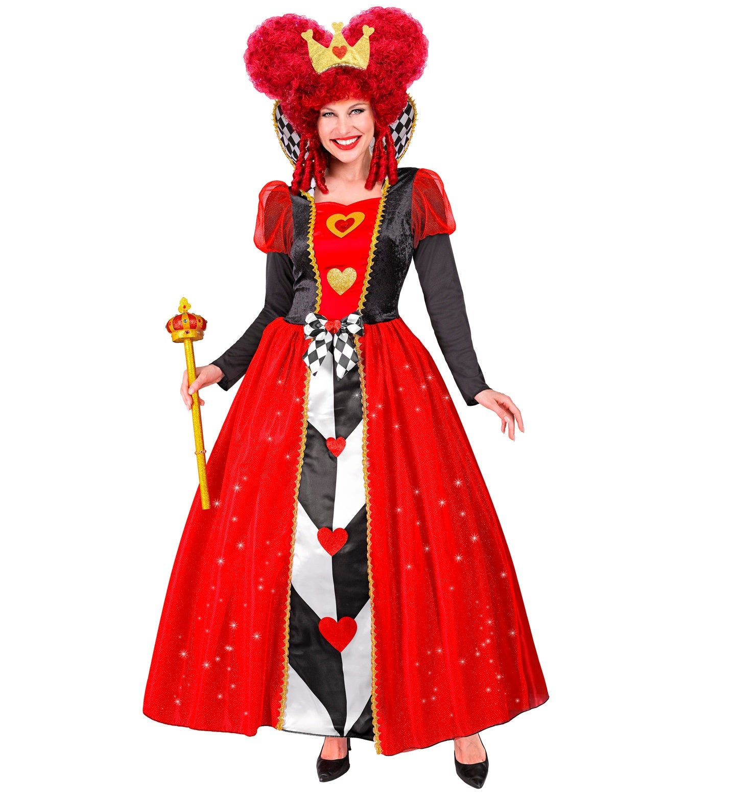 Full-length Queen of Hearts costume accessorized with a red heart-shaped wig and a golden royal scepter.