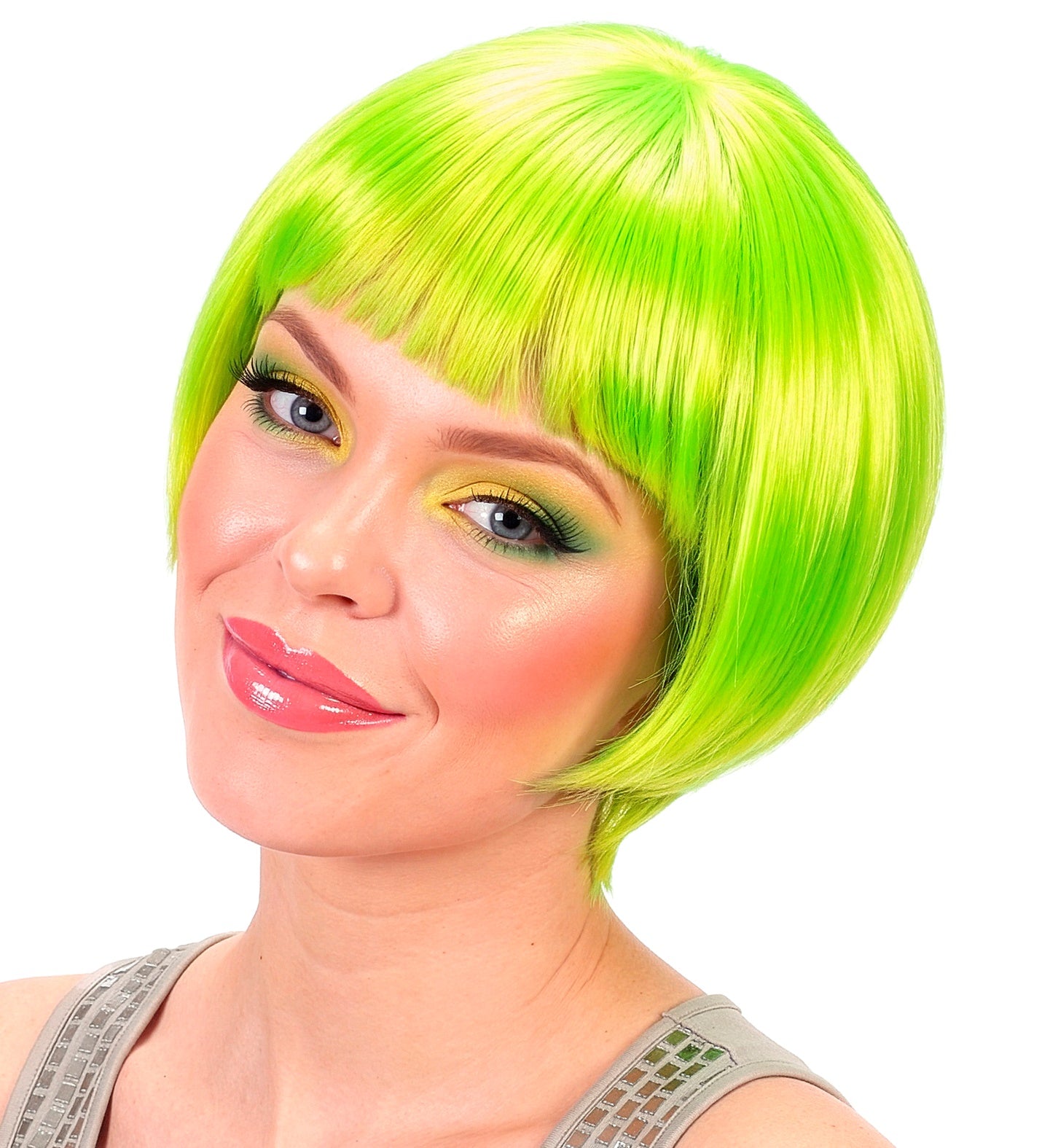 A person modeling a bright neon green short bob wig with a sharp fringe and glossy finish.