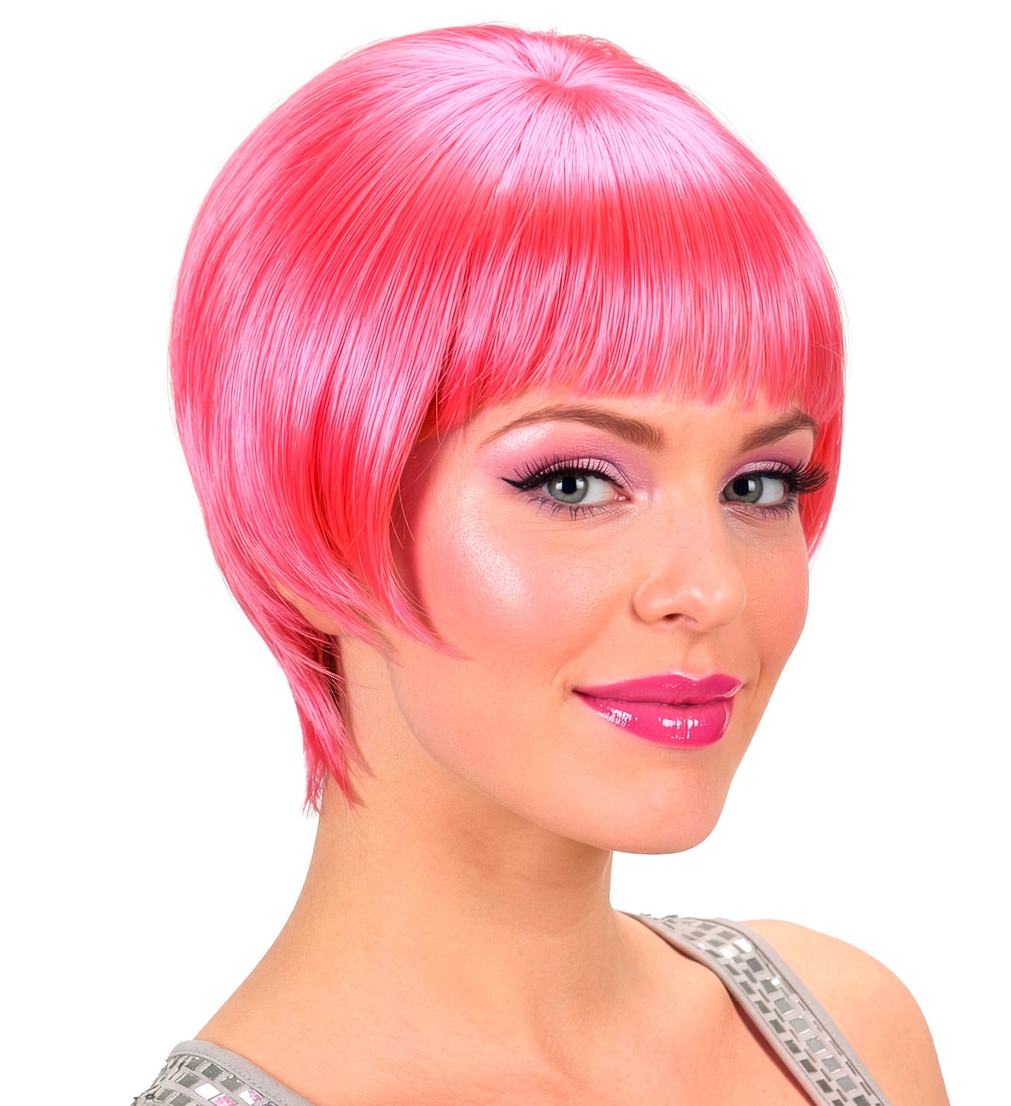 A person modeling a bright neon pink short bob wig with a fringe and glossy finish.