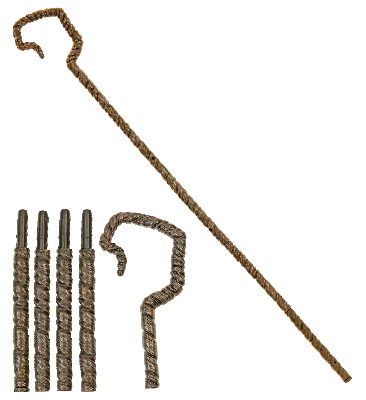 A long, brown plastic shepherd's crook prop with a realistic twisted wood texture, shown assembled and in its 4 separate pieces.