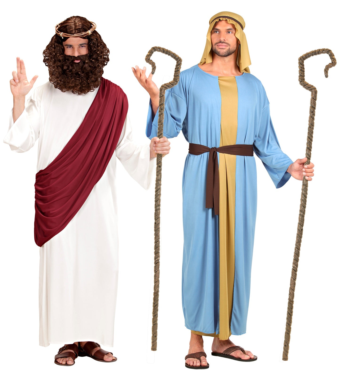 Two men dressed as biblical shepherds and prophet holding the 146cm shepherd's crook prop.