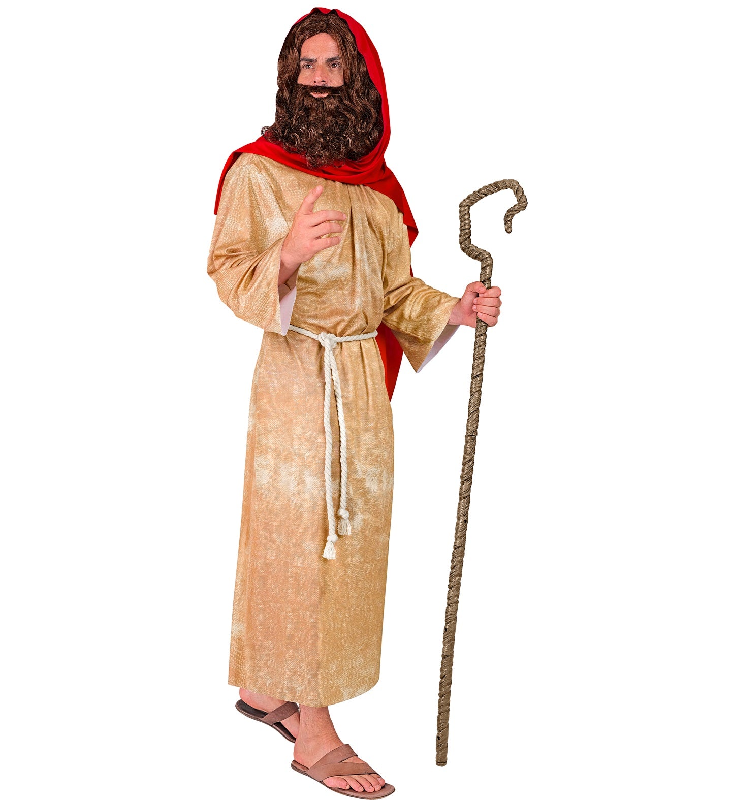 A man in a shepherd costume pointing and holding the realistic wood-effect crook.