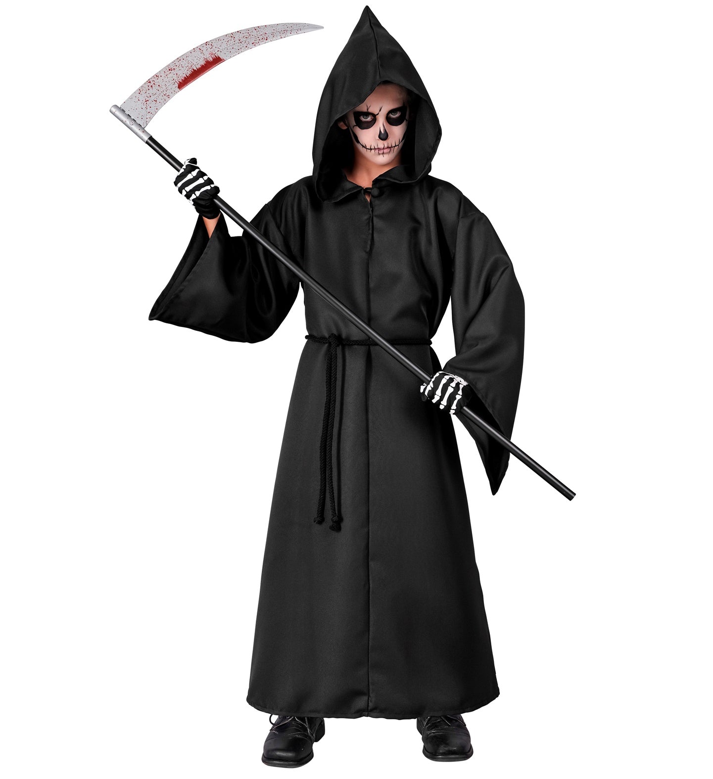 A child in a full Grim Reaper costume, including a black hooded robe and rope belt, with skull face paint and a prop scythe.