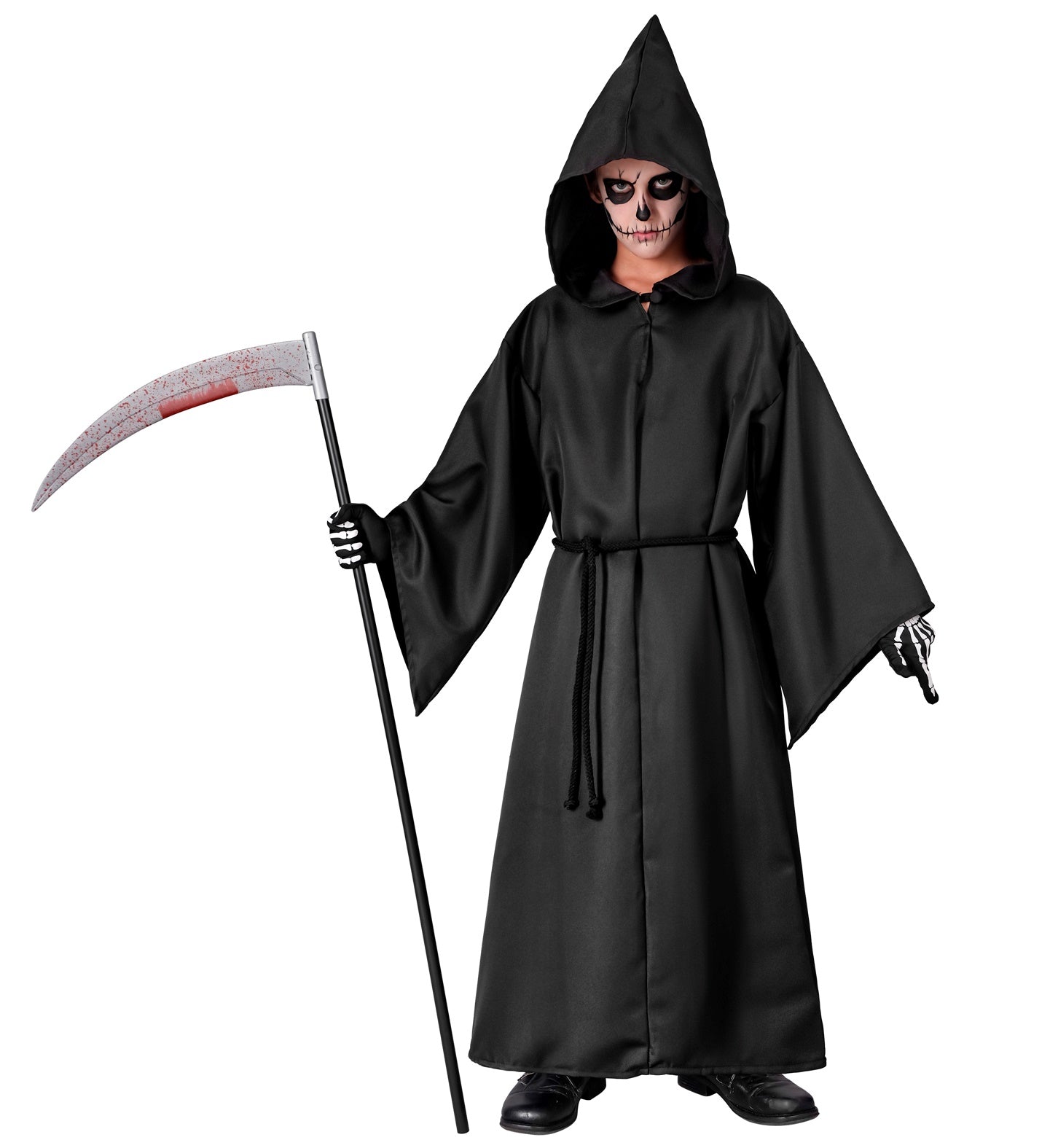 A child wearing a spooky Grim Reaper robe and hood, pointing while holding a large prop scythe.