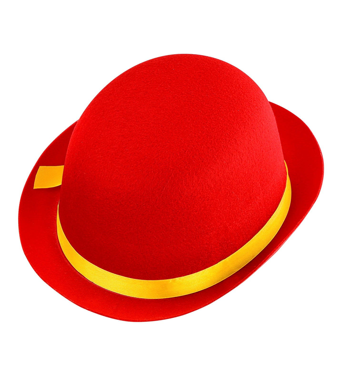 Detailed top-down view of a red felt bowler hat for children highlighting the yellow ribbon.