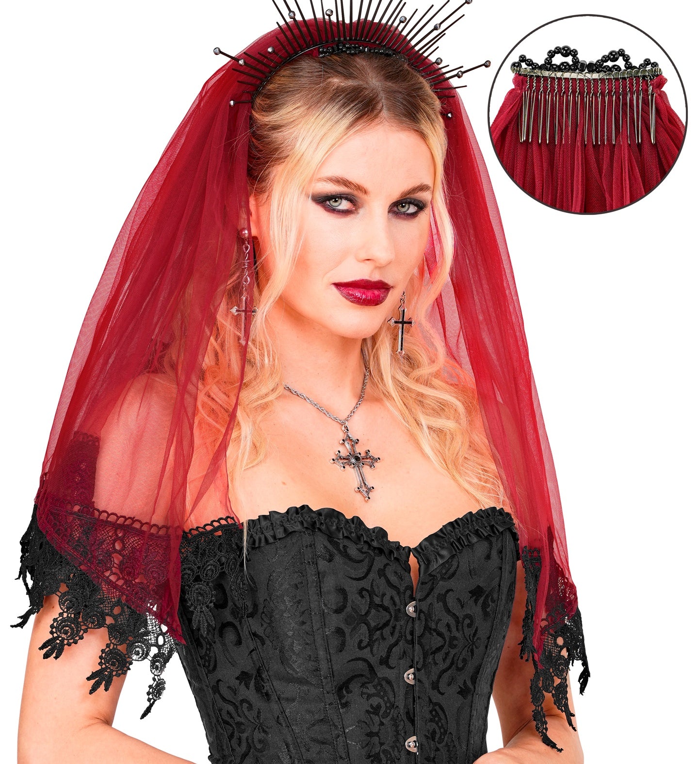 A close-up portrait of a blonde woman wearing a dark red tulle veil with black lace trim and a spiked halo headpiece, with an inset circle graphic highlighting the black beaded plastic hair comb used to secure it.