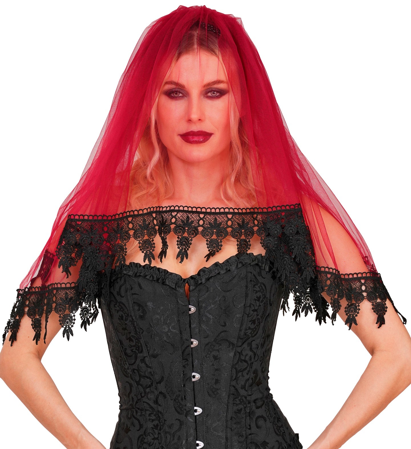 A female model styled as a gothic bride wearing a black corset and a striking red sheer veil that drapes over her shoulders, highlighting the thick black lace scalloped edges.
