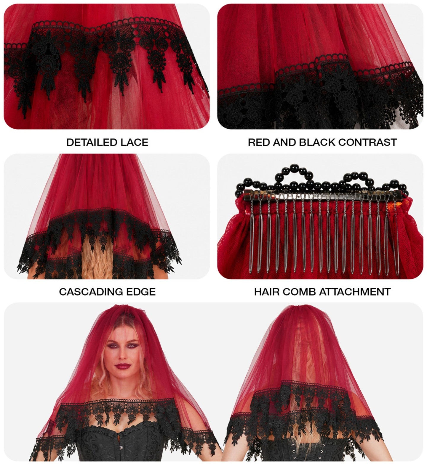 A multi-panel collage highlighting the details of a red and black lace veil, showing close-ups of the detailed black lace, the red and black color contrast, the beaded hair comb attachment, and a front and back view of a model wearing the accessory.