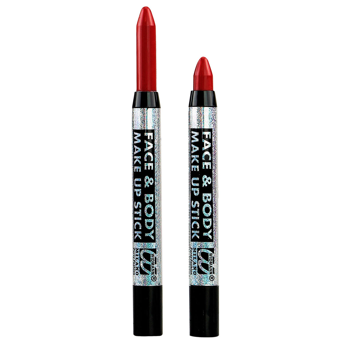Two dual-ended face and body makeup sticks in a vibrant red shade, displayed side-by-side on a plain white background. The packaging features a silver glittery design with black text.